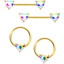 Load image into Gallery viewer, 14G Aurora Heart Gem Gold Tone BCR Barbell Nipple Ring Set
