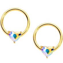 Load image into Gallery viewer, 14G Aurora Heart Gem Gold Tone BCR Barbell Nipple Ring Set