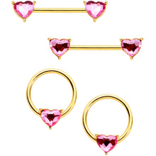 Load image into Gallery viewer, 14G Pink Heart Gem Gold Tone BCR Nipple Ring Set