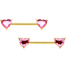 Load image into Gallery viewer, 14G Pink Heart Gem Gold Tone BCR Nipple Ring Set