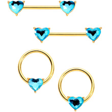 Load image into Gallery viewer, 14G Blue Valentine Gem Gold Tone BCR Barbell Nipple Ring Set