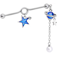Load image into Gallery viewer, Clear Gem Blue Glitter Saturn Star Dangle Industrial Barbell 38mm