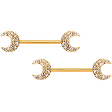Load image into Gallery viewer, 14G 9/16 Clear Gem Gold Tone Crescent Moon Barbell Nipple Ring Set