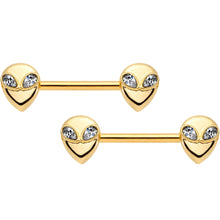 Load image into Gallery viewer, 14G 9/16 Clear Gem Gold PVD Space Alien Barbell Nipple Ring Set