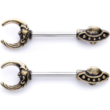 Load image into Gallery viewer, 14G 9/16 Crescent Moon Space Ship UFO Barbell Nipple Ring Set