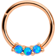 Load image into Gallery viewer, 16G 3/8 Blue Synthetic Opal Rose Gold Tone Hinged Segment Ring