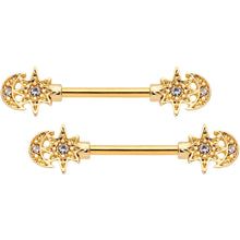Load image into Gallery viewer, 14G 9/16 Clear Gem Gold Tone Holiday Star Barbell Nipple Ring Set