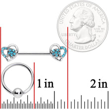 Load image into Gallery viewer, 14G 9/16 5/16 Aqua Gem Hearts BCR Barbell Nipple Ring Set