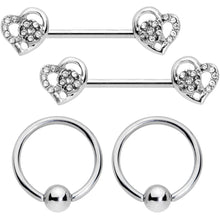 Load image into Gallery viewer, 14G 9/16 5/16 Clear Gem Hearts BCR Barbell Nipple Ring Set