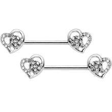 Load image into Gallery viewer, 14G 9/16 5/16 Clear Gem Hearts BCR Barbell Nipple Ring Set