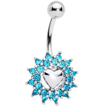 Load image into Gallery viewer, Aqua Gem Valentines Day Sunburst Heart Belly Ring Set of 4