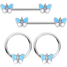 Load image into Gallery viewer, 14G Blue White Inlay Butterfly BCR Barbell Nipple Ring Set of 4