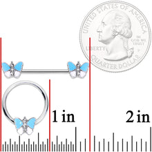 Load image into Gallery viewer, 14G Blue White Inlay Butterfly BCR Barbell Nipple Ring Set of 4