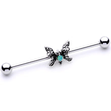 Load image into Gallery viewer, 14G Blue Faux Opal Butterfly Industrial Barbell 38mm