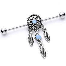 Load image into Gallery viewer, Blue Synthetic Opal Feather Dreamcatcher Industrial Barbell 38mm