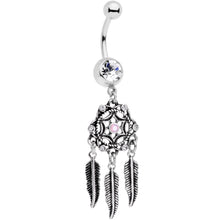 将图片加载到图库查看器,Clear Gem Pink Faux Opal Feather Dreamcatcher Dangle Belly Ring