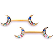 Load image into Gallery viewer, 14G 9/16 Multicolor Gem Gold Tone Moon Barbell Nipple Set