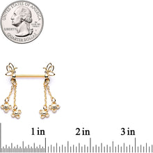 Load image into Gallery viewer, 9/16 Clear Gem Gold Tone Butterfly Dangle Barbell Nipple Ring Set