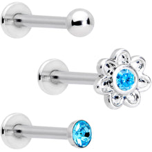 将图片加载到图库查看器,16G Blue Gem Flower Internally Threaded Labret Set of 3