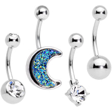Load image into Gallery viewer, Clear Gem Blue Faux Druzy Crescent Moon Belly Ring Set