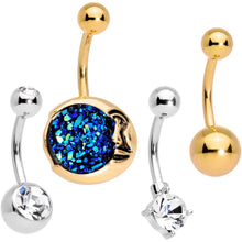 Load image into Gallery viewer, Clear Gem Blue Faux Druzy Gold Tone Peaceful Moon Belly Ring Set