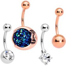 Load image into Gallery viewer, Clear Gem Blue Faux Druzy Rose Gold Tone Peaceful Moon Belly Ring Set