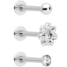 Load image into Gallery viewer, 16G 5/16 Clear Gem Flower Top Labret Tragus Set of Three