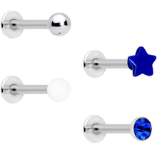 Load image into Gallery viewer, 16G 3/8 Blue Gem Star Glow Internally Threaded Labret Set of 4