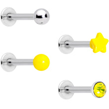 Load image into Gallery viewer, 16G 3/8 Yellow Gem Star Glow Internally Threaded Labret Set of 4