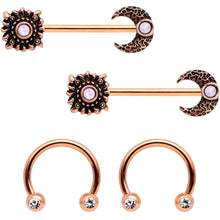Load image into Gallery viewer, 14G White Faux Opal Rose Gold Tone Sun Moon Nipple Ring Set of 4