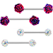 Load image into Gallery viewer, 14G 5/8 9/16 Clear Gem Multi Color Roses Barbell Nipple Ring Set