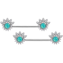 Load image into Gallery viewer, 14G Clear CZ Gem Green Faux Opal Crest Barbell Nipple Ring Set