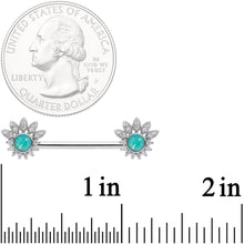 Load image into Gallery viewer, 14G Clear CZ Gem Green Faux Opal Crest Barbell Nipple Ring Set