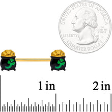 Load image into Gallery viewer, 5/8 Gold Tone St Patricks Day Pot O Gold Barbell Nipple Ring Set