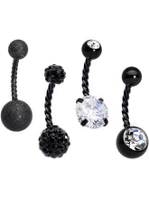 将图片加载到图库查看器,Clear Gem Black Thoroughly Twisted Belly Ring Set of 4