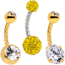 Load image into Gallery viewer, Clear Yellow Gem Gold Tone Thoroughly Twisted Belly Ring Set of 3