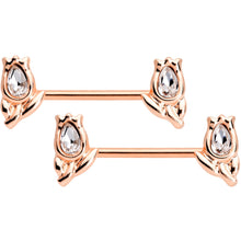 Load image into Gallery viewer, 14G Clear Gem Rose Gold Tone Flowers BCR Barbell Nipple Ring Set