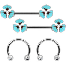 Load image into Gallery viewer, 14G Clear Gem Blue Flower Horseshoe Barbell Nipple Ring Set of 4