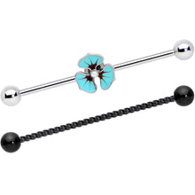 Load image into Gallery viewer, 14G Tropic Blue Flower Black Twisted Industrial Barbell Set 38mm