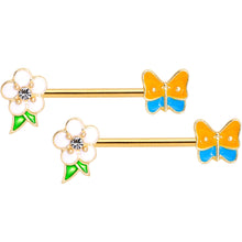 将图片加载到图库查看器,14G Gold Tone Spring Butterfly Flower Barbell Nipple Ring Set