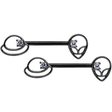 Load image into Gallery viewer, 14G 9/16 Clear CZ Gem Black Saturn Alien Barbell Nipple Ring Set