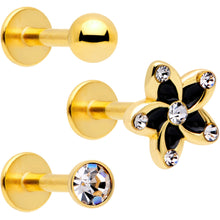 Load image into Gallery viewer, 16G 5/16 Clear Gem Gold Tone Black Flower Labret Set of 3