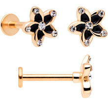 Load image into Gallery viewer, 16G Clear Gem Rose Gold Tone Black Flower Labret Set of 3