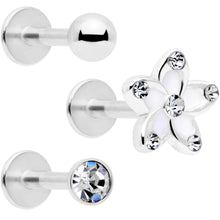 Load image into Gallery viewer, 16G 5/16 Clear Gem White Flower Labret Set of 3