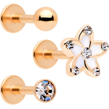 Load image into Gallery viewer, 16G 5/16 Clear Gem Rose Gold Tone White Flower Labret Set of 3