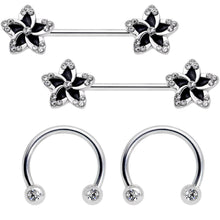 Load image into Gallery viewer, 14G Clear Gem Black Flower Horseshoe Barbell Nipple Ring Set of 4