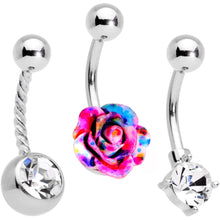 Load image into Gallery viewer, Clear Gem Multicolor Three Dimensional Flower Belly Ring Set of 3
