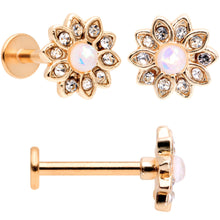Load image into Gallery viewer, 16G 5/16 White Faux Opal Rose Gold Tone Flower Labret Set of 3