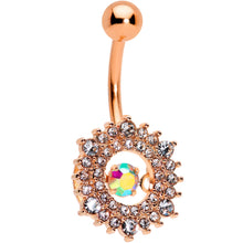 Load image into Gallery viewer, Clear Aurora Dangle Gem Rose Gold Tone Sunburst Belly Ring