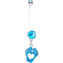 Load image into Gallery viewer, Aqua CZ Gem Baby Precious Footprints Dangle Pregnancy Belly Ring